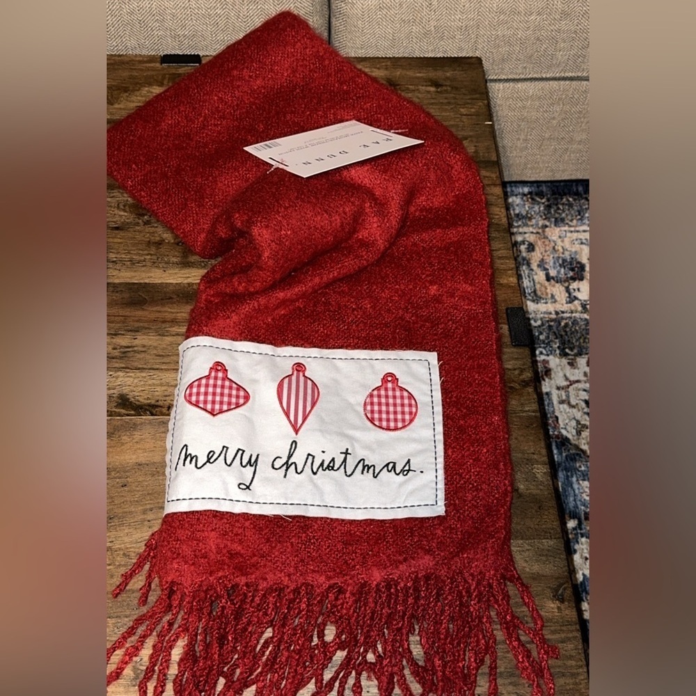 NWT Rae Dunn Red Holiday Throw/Blanket w/Ornament ‘MERRY CHRISTMAS’ Faux Mohair